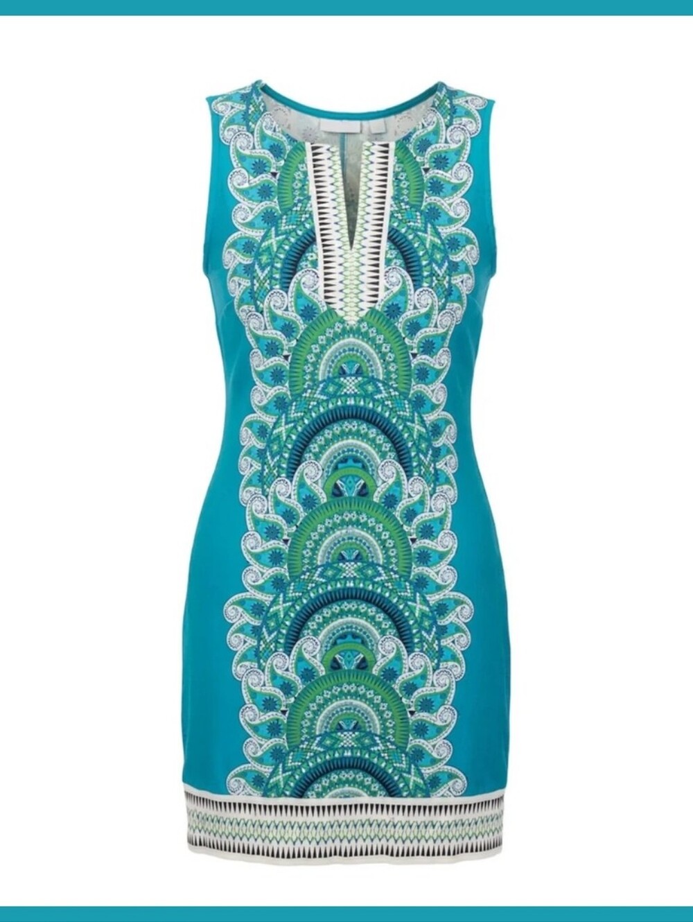 New York & Company Teal Boho Print Shift Dress | Size Small | Sleeveless Summer